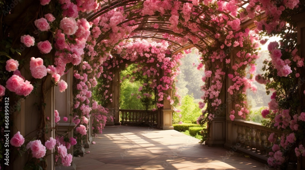A garden trellis covered in roses, the interplay of architecture and nature creating a romantic scene.