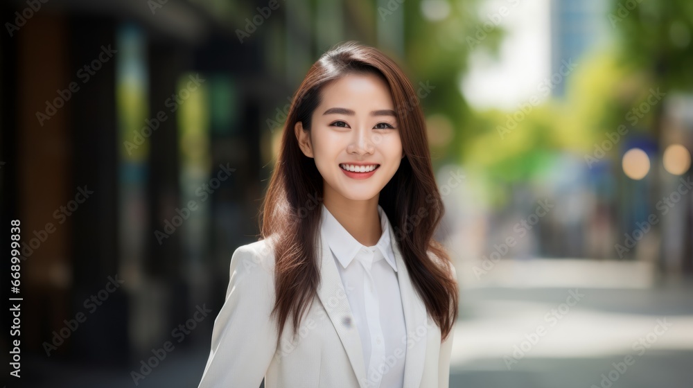 Happy young Asian businesswoman in the city. Portrait of a smiling Chinese female in a business suit standing outdoors on a summer day. Pretty Japanese girl in a classic suit walking outside. Happy young Asian businesswoman in the city. Portrait of a smiling Chinese female in a business suit standing outdoors on a summer day. Pretty Japanese girl in a classic suit walking outside.