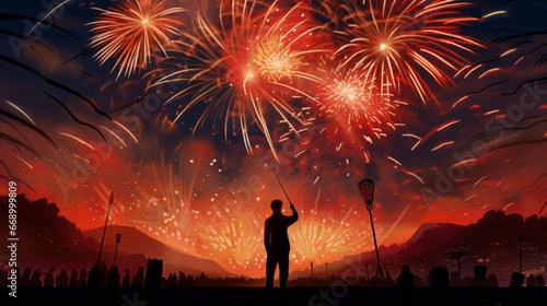 Silhouette of a Kid watching Beautiful midnight fireworks above the city, vector illustration. Child adores a stunning fireworks show. Kid watching Bright and colorful fireworks at a festival, art. © Valua Vitaly