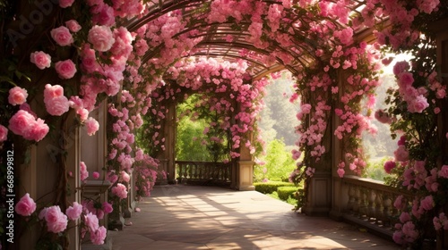 A garden trellis covered in roses  the interplay of architecture and nature creating a romantic scene.