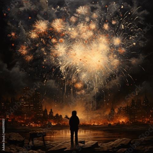 Silhouette of a Kid watching Beautiful midnight fireworks above the city, vector illustration. Child adores a stunning fireworks show. Kid watching Bright and colorful fireworks at a festival, art.