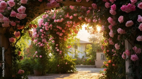 A garden trellis covered in roses, the interplay of architecture and nature creating a romantic scene. © Ahmad