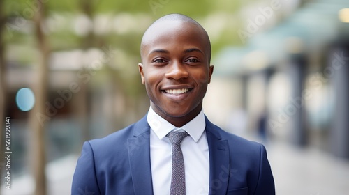 Smiling young African American businessman in the city. Portrait of a happy African male in a business suit standing outdoors on a summer day. Handsome Man in a classic suit posing on the street.