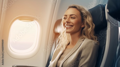 Beautiful young happy businesswoman sitting in the passenger seat of the plane. Portrait of a smiling beautiful businesswoman dressed in suit sitting in the plane by  window.