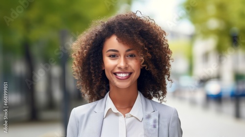 Smiling young African American businesswoman in the city. Portrait of a happy African female in a business suit standing outdoors on a summer day. Pretty African girl in a classic suit walking outside