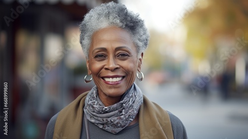 Smiling elderly African woman, standing in the city. A happy old African American grandmother standing outdoors on a chilly day. Good looking senior female outside, close-up portrait.