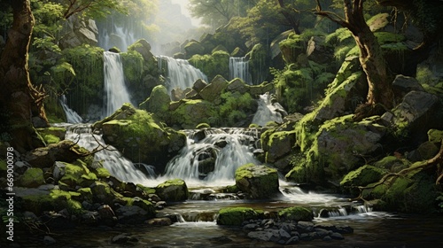 A gentle waterfall cascading over moss-covered rocks  reinvigorated by spring s arrival.