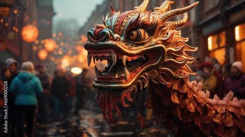 Chinese dragon as a character for the dragon dance at the Chinese New Year festival. Happy new year, Autumn Festival. photo
