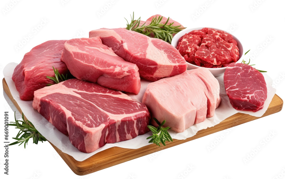 Amazing Pieces of Fresh Meat on a Wood Tray Isolated on Transparent Background PNG. - obrazy, fototapety, plakaty 