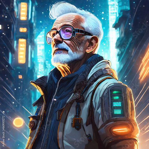 old man in cyberpunk