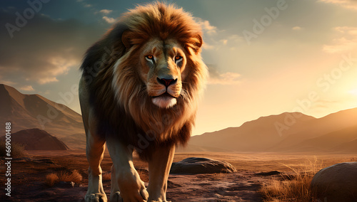 a lion standing in the desert at sunset