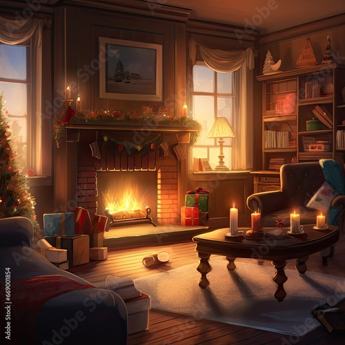 Christmas room decoration with a glowing fireplace, a Christmas hat hanging on the mantelpiece, surrounded by holiday decorations and warm lighting, evoking a sense of festive joy and coziness, © SaroStock
