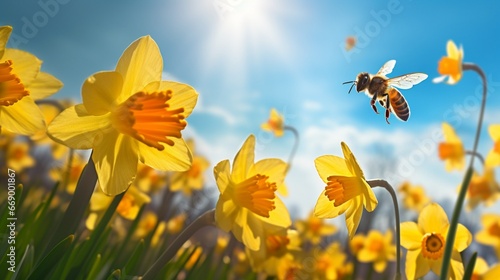 A honeybee hovering over vibrant daffodils, a dance of pollination and bloom.
