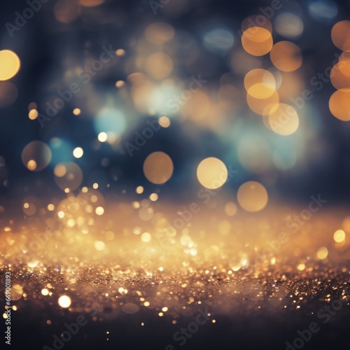 Golden light shine particles bokeh on navy blue background. Abstract background with Dark blue and gold particle.