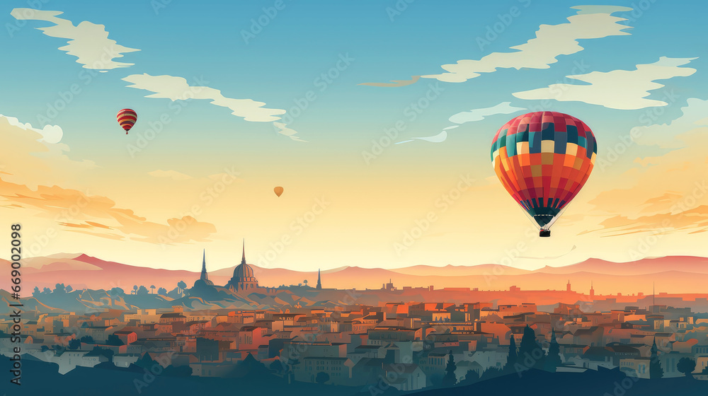 Dawn's Embrace: Hot Air Balloons Soar Over a Serene Cityscape in Vibrant Digital Artistry