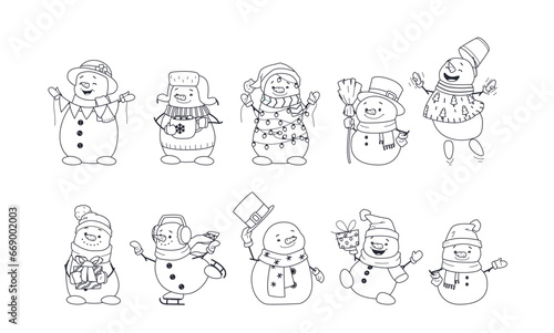Christmas line art set. Fun and cute snowman characters in different expressions and poses, with Santa Claus hat, cylinder