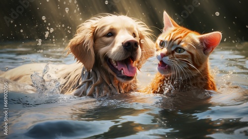 A joyful scene of a dog and cat splashing around in a shallow pool, enjoying the summer's delight.