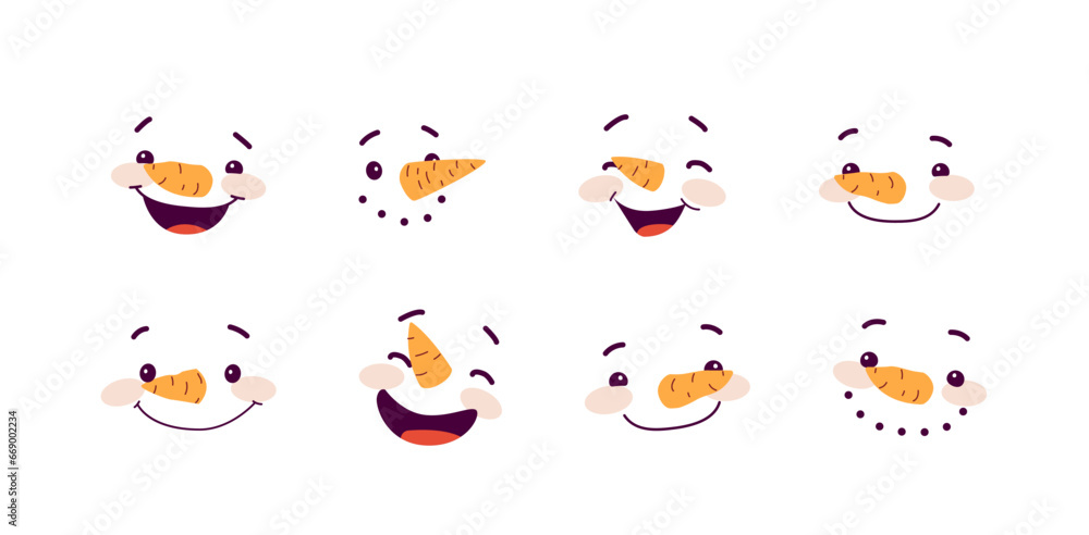 Set of expressions of fun and cute snowman characters. Snowman heads with different emotions Set of expressions of fun and cute snowman characters. Snowman heads with different emotions