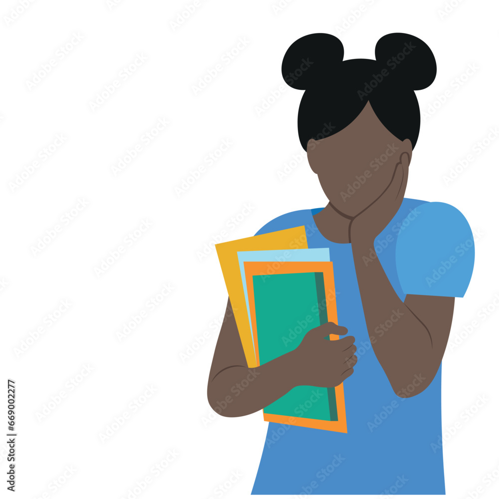 Portrait of a dark-skinned female student with books in her hand, isolated on white, flat vector, worried female student, faceless