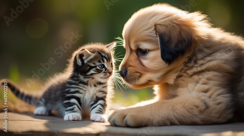 A kitten trying to pounce on a dog's wagging tail, capturing a playful moment.