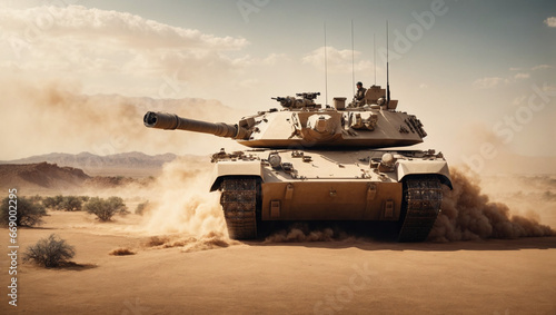 A desert battlefield witnesses the power of an armored tank during an epic war invasion, resulting in a captivating wide poster design with room for your text.
