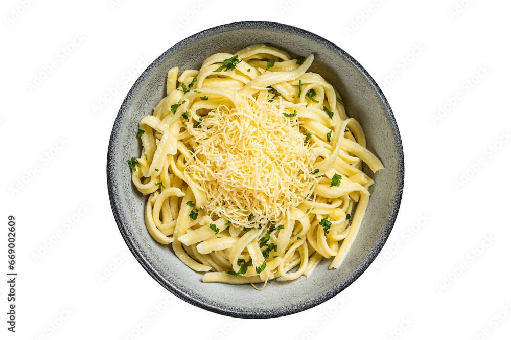 Spaetzle German egg noodles with cheese served with parsley. White background. Top view