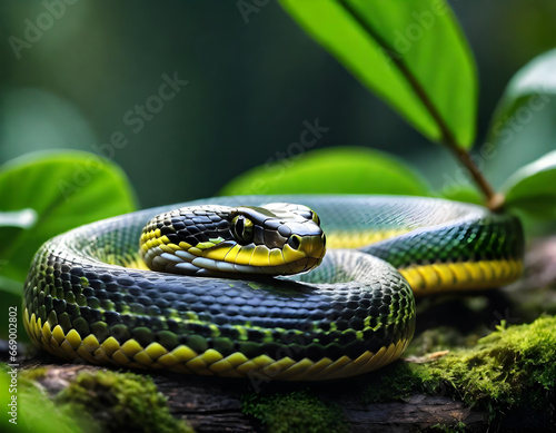 poisoned green and yellow snake on a jungle tree. generative ai