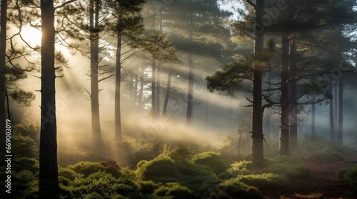 A morning mist gently enveloping a pine forest, giving it an ethereal, dreamlike quality.