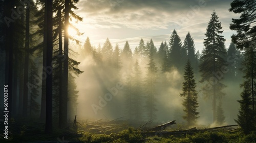 A morning mist gently enveloping a pine forest, giving it an ethereal, dreamlike quality.