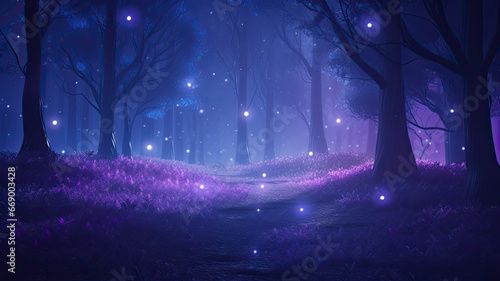 Mystical foggy gold forest with brick road  a little elf girl and fireflies light background. Magic gold colored fairytale woodland  in the night forest. Fairy tale concept. AI