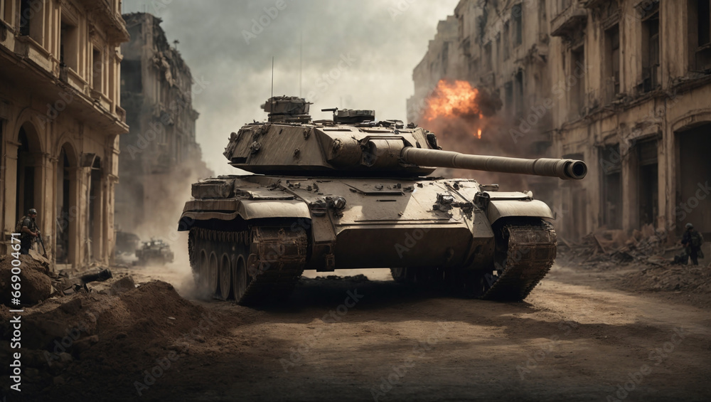 In the heart of a city in ruins, an imposing tank navigates the war-torn streets during an epic invasion, forming a gripping wide poster.
