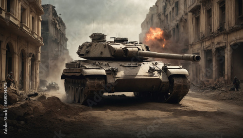 In the heart of a city in ruins  an imposing tank navigates the war-torn streets during an epic invasion  forming a gripping wide poster.