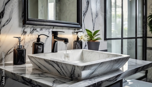 White marble sink featuring prominent black veining, accompanied by a black soap dispenser, and a tall mirror complemented by silver towel racks on the right photo