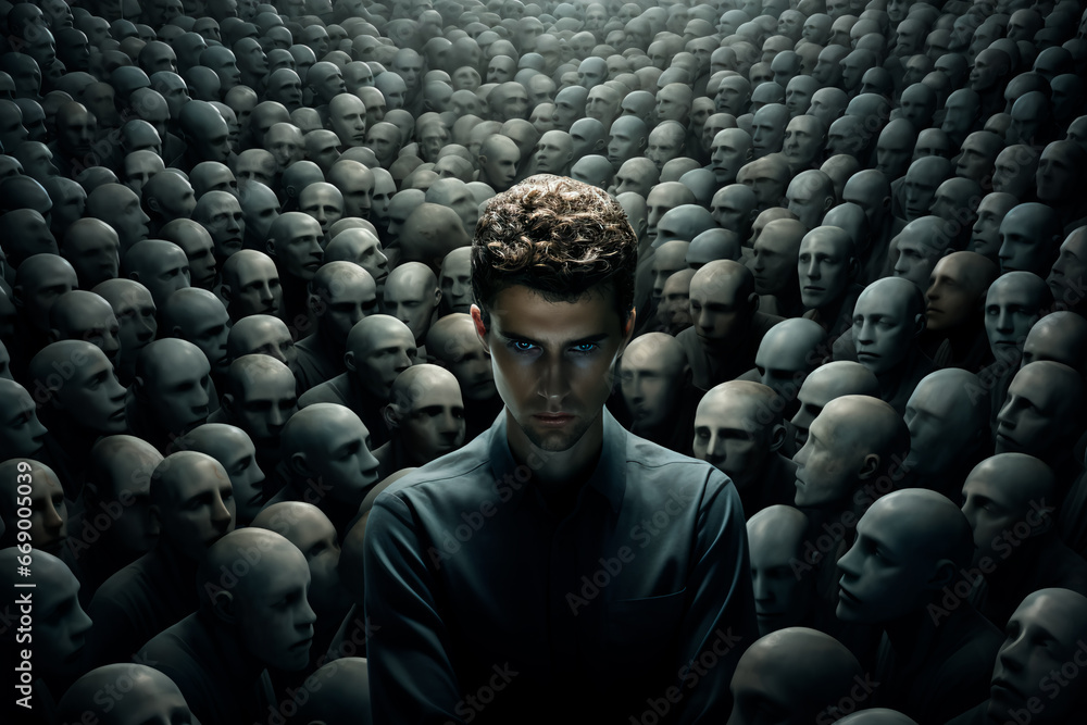 Obraz premium Social depression, sociophobia as a mental disorder in a person's mind. Artistic representation above and around the person's head. Conceptual image