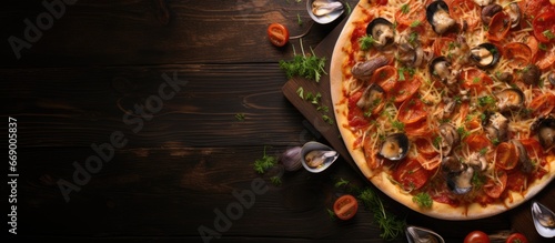 Seafood pizza with cheese on a wooden background fast food lunch for a picnic top down view