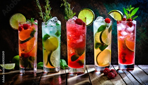 Cocktails drinks, Classic long glasses or mocktail highballs, with berries, lime, herbs and ice photo