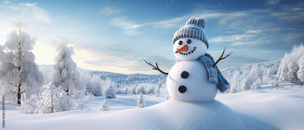 Obraz premium 3D render of snowman with winter landscape, Generative ai