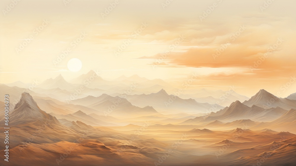 A panoramic view of a mountain range at sunrise, the peaks bathed in a soft golden hue.