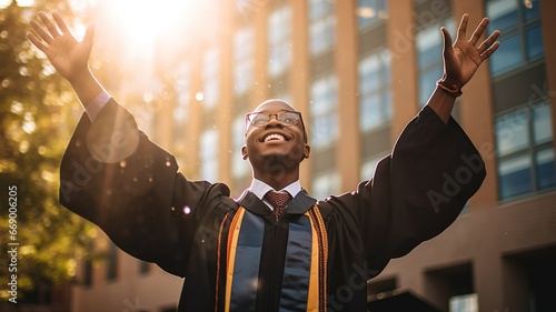 happy African American male graduate student wearing bachelor gown high school, celebrating academic achievement on university background. education, graduation concept student raised his hands up photo