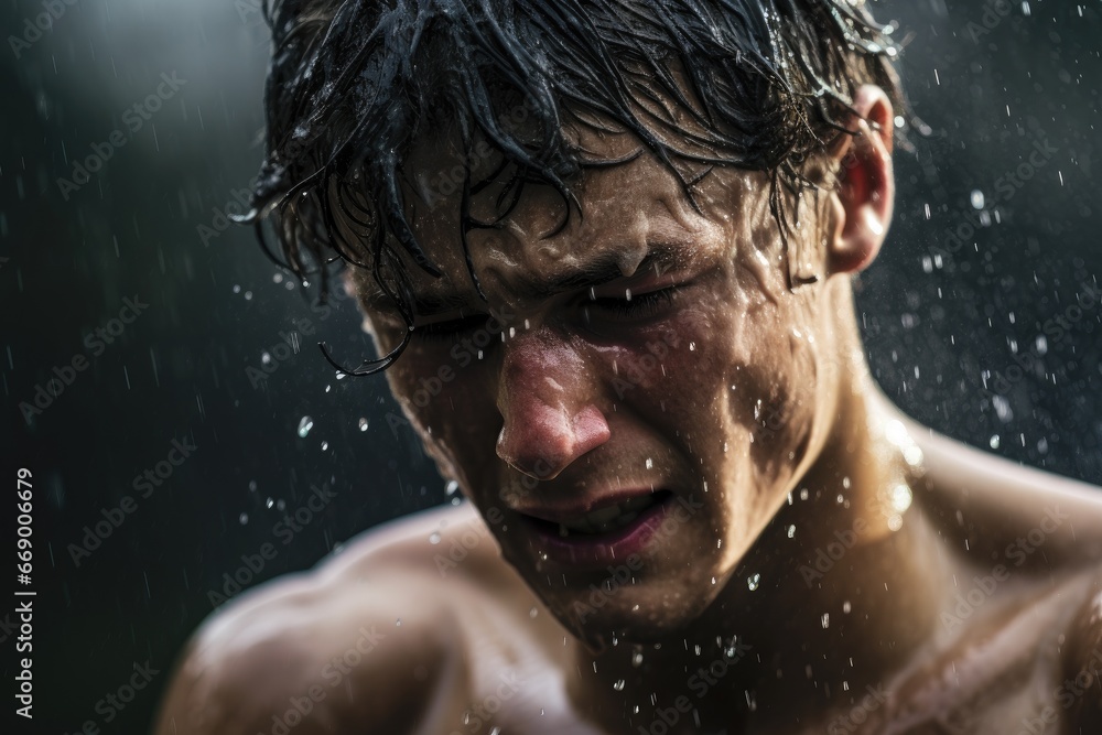 Athlete drenched in sweat after intense training session.
