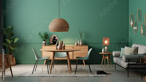 Mint color chairs at round wooden dining table in room with sofa cabinet green wall. generative ai