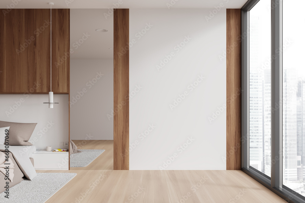 Fototapeta premium White and wooden bedroom interior with blank wall