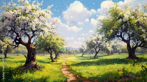 A picturesque orchard with trees heavy with blossoms, ready to bear the season's first fruits.