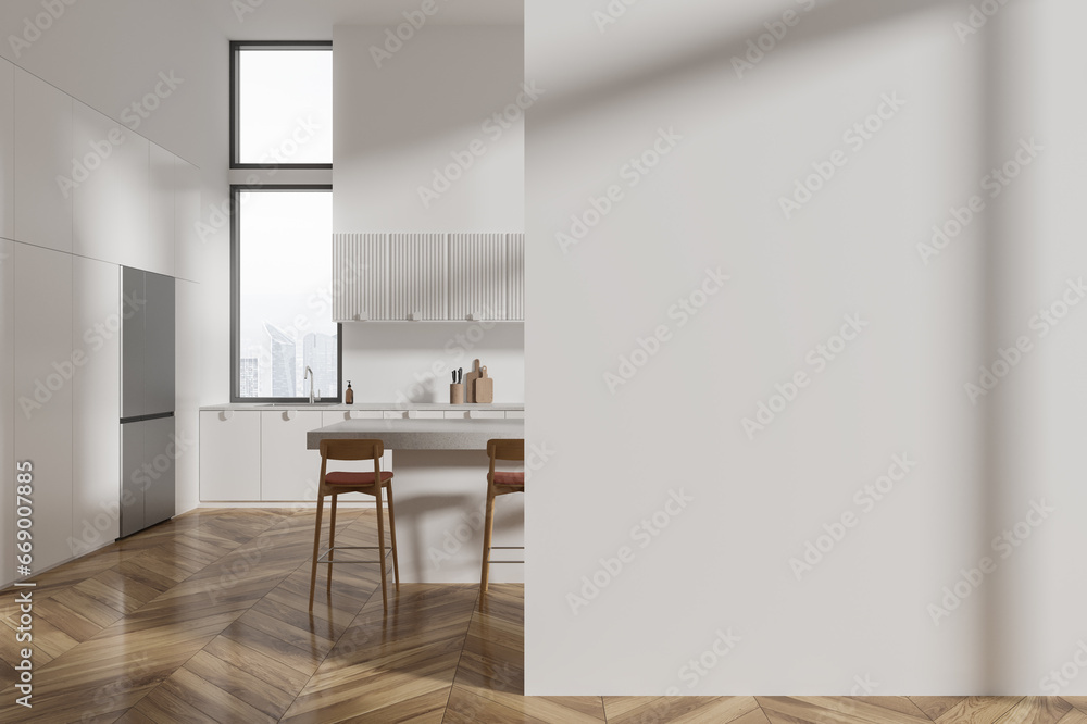 Fototapeta premium White kitchen interior with island and blank wall