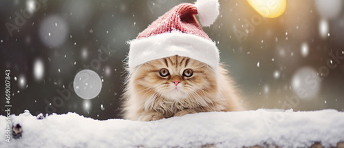 A portrait of cute cat playing in the snow wearing christmas hat, Photography, blur background, Generative ai