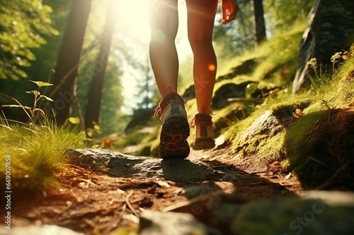 Sports shoe and legs on rock trail, hiker trekking or walking of footpath