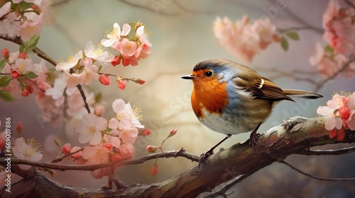 A robin collecting twigs for its nest, the backdrop of a blossoming spring garden. © Ahmad