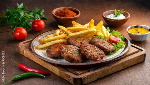 Turkish Kofte - Meatballs and French fries in a plate photo