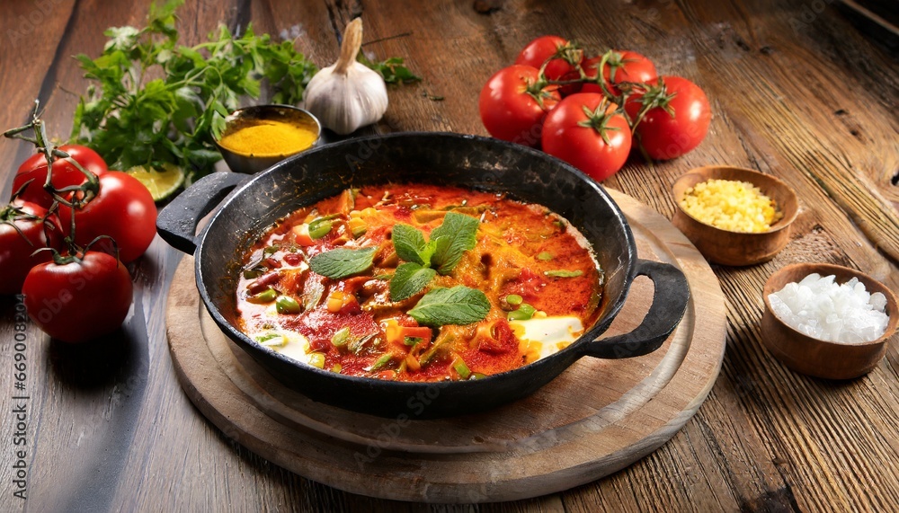 Menemen - Turkish Meal with tomato, onion, green pepper and eggs, - obrazy, fototapety, plakaty 