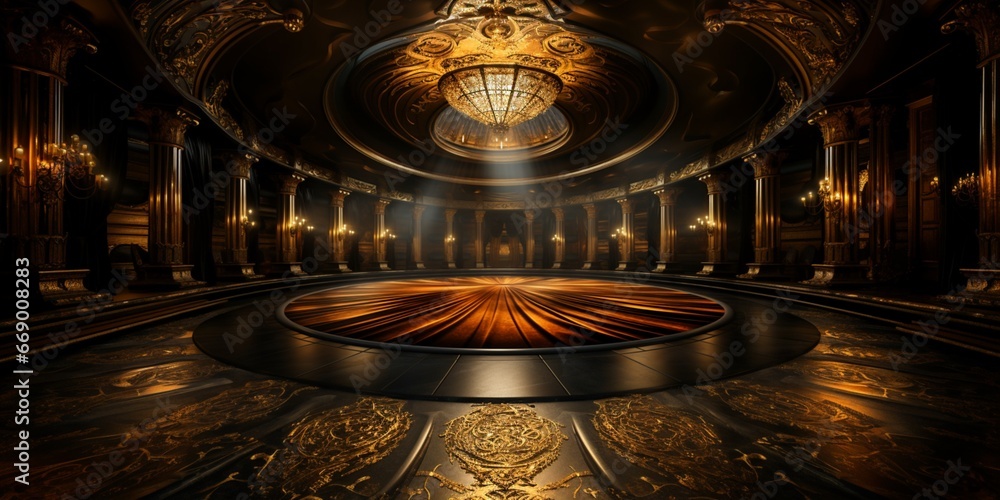 Empty 3d room background illustration - Theater stage with velvet curtains